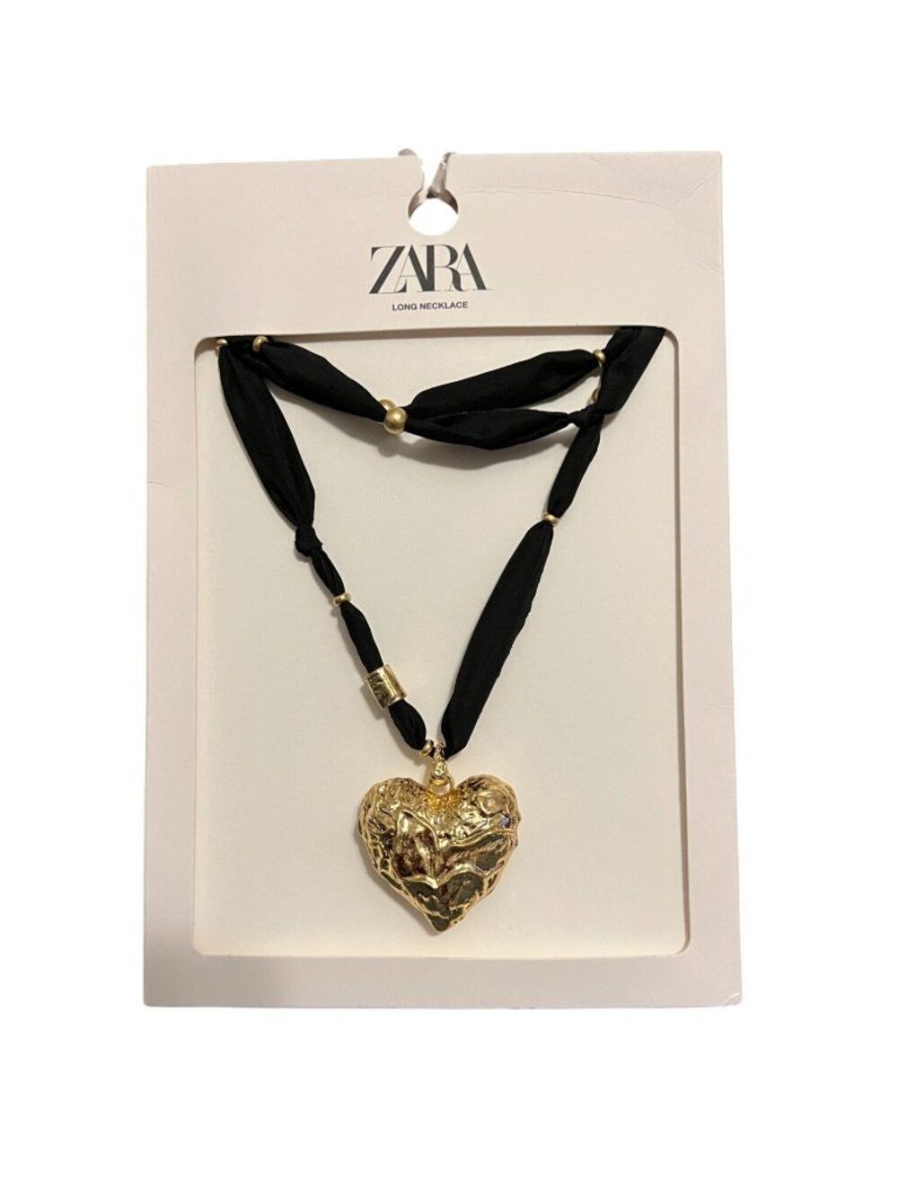 Zara Long Heart Fabric Necklace Pendant Jewelry black golden 1856/321 NWT